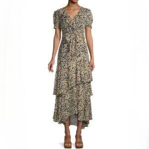 🚨NEW KARL LAGERFELD Black Yellow Micro Floral Tiered Midi Dress Wedding Sz 4